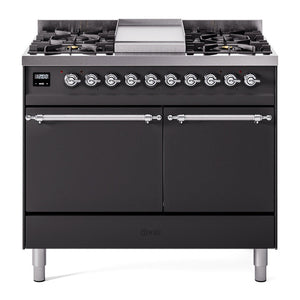 ILVE Nostalgie II 40-Inch Dual Fuel Range with 6 Sealed Burners + Griddle, 4.3 cu. ft. Oven, Graphite Matte with Chrome Trim, Liquid Propane, Solid Door, UPD40FQNMPMGCLP