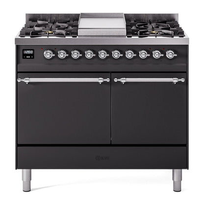 ILVE Nostalgie II 40-Inch Dual Fuel Range with 6 Sealed Burners + Griddle, 4.3 cu. ft. Oven, Graphite Matte with Chrome Trim, Natural Gas, Solid Door, UPD40FQNMPMGC