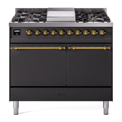 ILVE Nostalgie II 40-Inch Dual Fuel Range with 6 Sealed Burners + Griddle, 4.3 cu. ft. Oven, Graphite Matte with Brass Trim, Natural Gas, Solid Door, UPD40FQNMPMGG