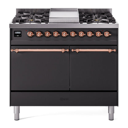 ILVE Nostalgie II 40-Inch Dual Fuel Range with 6 Sealed Burners + Griddle, 4.3 cu. ft. Oven, Graphite Matte with Copper Trim, Liquid Propane, Solid Door, UPD40FQNMPMGPLP