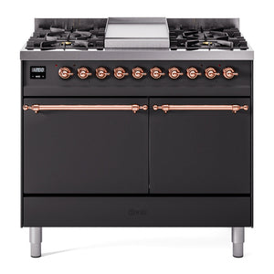 ILVE Nostalgie II 40-Inch Dual Fuel Range with 6 Sealed Burners + Griddle, 4.3 cu. ft. Oven, Graphite Matte with Copper Trim, Natural Gas, Solid Door, UPD40FQNMPMGP