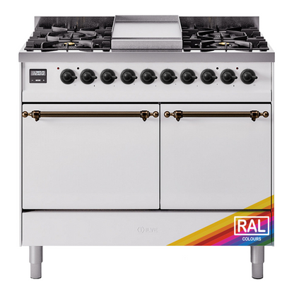 ILVE Nostalgie II 40-Inch Dual Fuel Range with 6 Sealed Burners + Griddle, 4.3 cu. ft. Oven, RAL with Burnished Trim, Natural Gas, Solid Door, UPD40FQNMPRAB