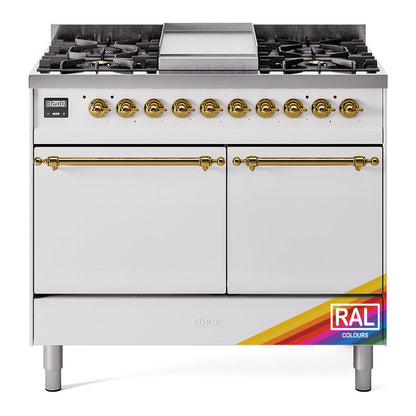 ILVE Nostalgie II 40-Inch Dual Fuel Range with 6 Sealed Burners + Griddle, 4.3 cu. ft. Oven, RAL with Brass Trim, Liquid Propane, Solid Door, UPD40FQNMPRAGLP