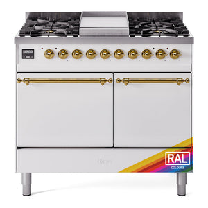 ILVE Nostalgie II 40-Inch Dual Fuel Range with 6 Sealed Burners + Griddle, 4.3 cu. ft. Oven, RAL with Brass Trim, Natural Gas, Solid Door, UPD40FQNMPRAG