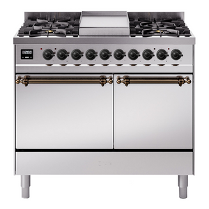 ILVE Nostalgie II 40-Inch Dual Fuel Range with 6 Sealed Burners + Griddle, 4.3 cu. ft. Oven, Stainless Steel with Burnished Trim, Liquid Propane, Solid Door, UPD40FQNMPSSBLP