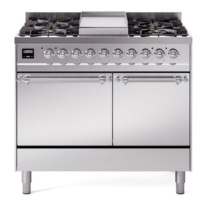 ILVE Nostalgie II 40-Inch Dual Fuel Range with 6 Sealed Burners + Griddle, 4.3 cu. ft. Oven, Stainless Steel with Chrome Trim, Liquid Propane, Solid Door, UPD40FQNMPSSCLP