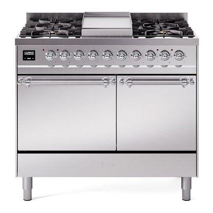 ILVE Nostalgie II 40-Inch Dual Fuel Range with 6 Sealed Burners + Griddle, 4.3 cu. ft. Oven, Stainless Steel with Chrome Trim, Natural Gas, Solid Door, UPD40FQNMPSSC