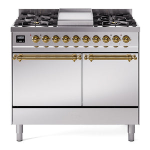 ILVE Nostalgie II 40-Inch Dual Fuel Range with 6 Sealed Burners + Griddle, 4.3 cu. ft. Oven, Stainless Steel with Brass Trim, Natural Gas, Solid Door, UPD40FQNMPSSG