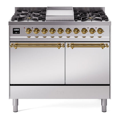 ILVE Nostalgie II 40-Inch Dual Fuel Range with 6 Sealed Burners + Griddle, 4.3 cu. ft. Oven, Stainless Steel with Brass Trim, Natural Gas, Solid Door, UPD40FQNMPSSG