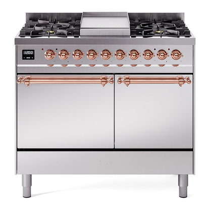 ILVE Nostalgie II 40-Inch Dual Fuel Range with 6 Sealed Burners + Griddle, 4.3 cu. ft. Oven, Stainless Steel with Copper Trim, Liquid Propane, Solid Door, UPD40FQNMPSSPLP