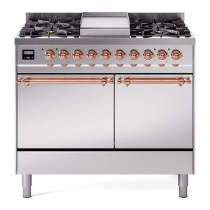 ILVE Nostalgie II 40-Inch Dual Fuel Range with 6 Sealed Burners + Griddle, 4.3 cu. ft. Oven, Stainless Steel with Copper Trim, Natural Gas, Solid Door, UPD40FQNMPSSP