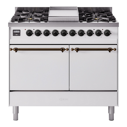 ILVE Nostalgie II 40-Inch Dual Fuel Range with 6 Sealed Burners + Griddle, 4.3 cu. ft. Oven, White with Burnished Trim, Liquid Propane, Solid Door, UPD40FQNMPWHBLP
