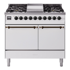 ILVE Nostalgie II 40-Inch Dual Fuel Range with 6 Sealed Burners + Griddle, 4.3 cu. ft. Oven, White with Burnished Trim, Natural Gas, Solid Door, UPD40FQNMPWHB