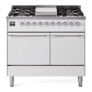ILVE Nostalgie II 40-Inch Dual Fuel Range with 6 Sealed Burners + Griddle, 4.3 cu. ft. Oven, White with Chrome Trim, Liquid Propane, Solid Door, UPD40FQNMPWHCLP