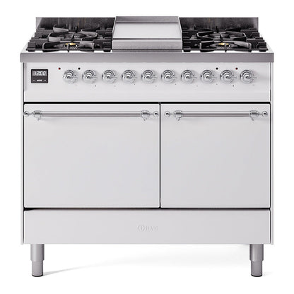 ILVE Nostalgie II 40-Inch Dual Fuel Range with 6 Sealed Burners + Griddle, 4.3 cu. ft. Oven, White with Chrome Trim, Liquid Propane, Solid Door, UPD40FQNMPWHCLP