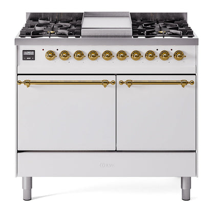 ILVE Nostalgie II 40-Inch Dual Fuel Range with 6 Sealed Burners + Griddle, 4.3 cu. ft. Oven, White with Brass Trim, Liquid Propane, Solid Door, UPD40FQNMPWHGLP