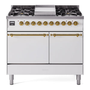 ILVE Nostalgie II 40-Inch Dual Fuel Range with 6 Sealed Burners + Griddle, 4.3 cu. ft. Oven, White with Brass Trim, Natural Gas, Solid Door, UPD40FQNMPWHG