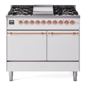 ILVE Nostalgie II 40-Inch Dual Fuel Range with 6 Sealed Burners + Griddle, 4.3 cu. ft. Oven, White with Copper Trim, Liquid Propane, Solid Door, UPD40FQNMPWHPLP