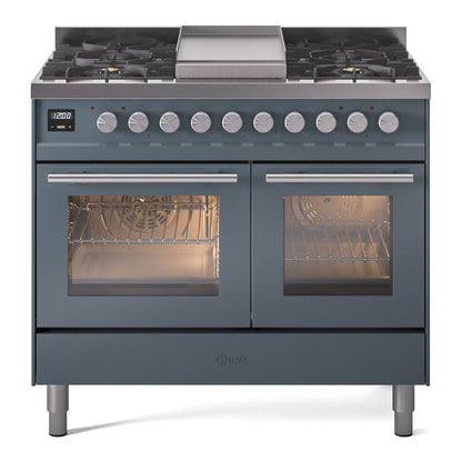ILVE Professional Plus II 40-Inch Dual Fuel Range with 6 Sealed Burners + Griddle, 4.3 cu. ft. Oven, Blue Grey, Natural Gas, Triple Glass Door, UPD40FWMPBG