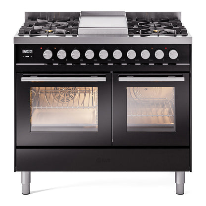 ILVE Professional Plus II 40-Inch Dual Fuel Range with 6 Sealed Burners + Griddle, 4.3 cu. ft. Oven, Glossy Black, Natural Gas, Triple Glass Door, UPD40FWMPBK
