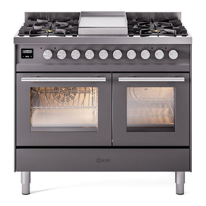 ILVE Professional Plus II 40-Inch Dual Fuel Range with 6 Sealed Burners + Griddle, 4.3 cu. ft. Oven, Graphite Matte, Liquid Propane, Triple Glass Door, UPD40FWMPMGLP
