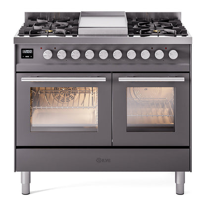 ILVE Professional Plus II 40-Inch Dual Fuel Range with 6 Sealed Burners + Griddle, 4.3 cu. ft. Oven, Graphite Matte, Liquid Propane, Triple Glass Door, UPD40FWMPMGLP