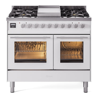 ILVE Professional Plus II 40-Inch Dual Fuel Range with 6 Sealed Burners + Griddle, 4.3 cu. ft. Oven, White, Natural Gas, Triple Glass Door, UPD40FWMPWH