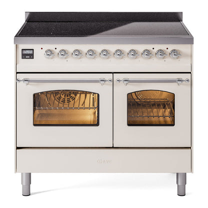 ILVE Nostalgie II 40-Inch Induction Range with 6 Induction Elements, 4.3 cu. ft. Oven, Antique White with Chrome Trim, Triple Glass Door, UPDI406NMPAWC