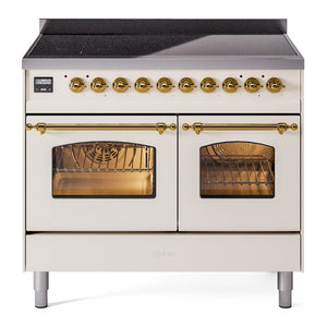 ILVE Nostalgie II 40-Inch Induction Range with 6 Induction Elements, 4.3 cu. ft. Oven, Antique White with Brass Trim, Triple Glass Door, UPDI406NMPAWG