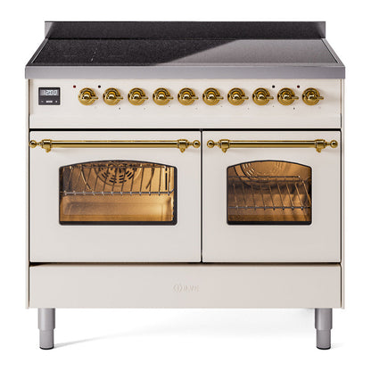 ILVE Nostalgie II 40-Inch Induction Range with 6 Induction Elements, 4.3 cu. ft. Oven, Antique White with Brass Trim, Triple Glass Door, UPDI406NMPAWG