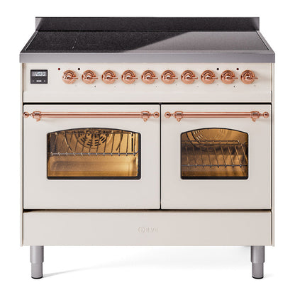 ILVE Nostalgie II 40-Inch Induction Range with 6 Induction Elements, 4.3 cu. ft. Oven, Antique White with Copper Trim, Triple Glass Door, UPDI406NMPAWP