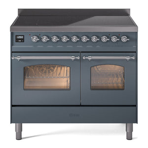 ILVE Nostalgie II 40-Inch Induction Range with 6 Induction Elements, 4.3 cu. ft. Oven, Blue Grey with Chrome Trim, Triple Glass Door, UPDI406NMPBGC