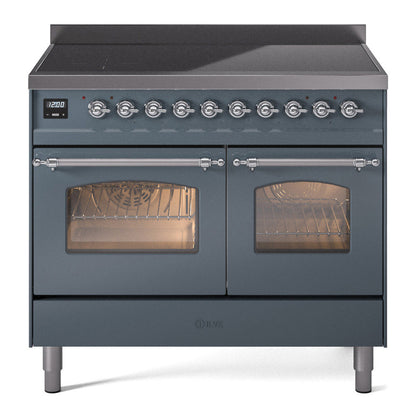 ILVE Nostalgie II 40-Inch Induction Range with 6 Induction Elements, 4.3 cu. ft. Oven, Blue Grey with Chrome Trim, Triple Glass Door, UPDI406NMPBGC