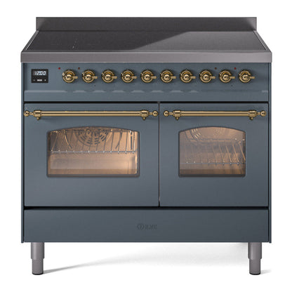 ILVE Nostalgie II 40-Inch Induction Range with 6 Induction Elements, 4.3 cu. ft. Oven, Blue Grey with Brass Trim, Triple Glass Door, UPDI406NMPBGG
