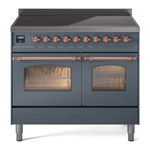 ILVE Nostalgie II 40-Inch Induction Range with 6 Induction Elements, 4.3 cu. ft. Oven, Blue Grey with Copper Trim, Triple Glass Door, UPDI406NMPBGP