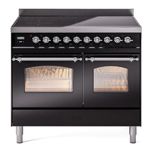 ILVE Nostalgie II 40-Inch Induction Range with 6 Induction Elements, 4.3 cu. ft. Oven, Glossy Black with Chrome Trim, Triple Glass Door, UPDI406NMPBKC