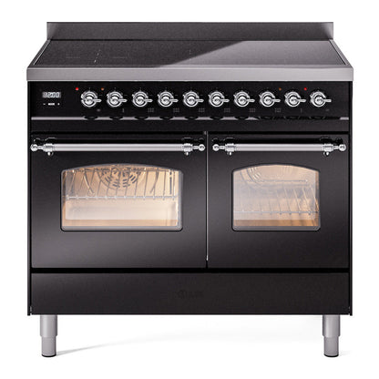 ILVE Nostalgie II 40-Inch Induction Range with 6 Induction Elements, 4.3 cu. ft. Oven, Glossy Black with Chrome Trim, Triple Glass Door, UPDI406NMPBKC