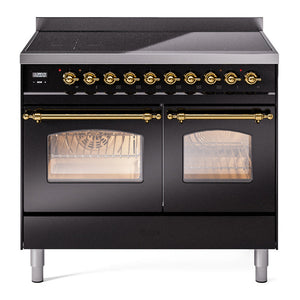 ILVE Nostalgie II 40-Inch Induction Range with 6 Induction Elements, 4.3 cu. ft. Oven, Glossy Black with Brass Trim, Triple Glass Door, UPDI406NMPBKG
