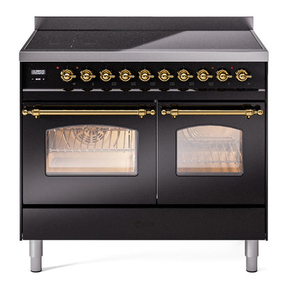 ILVE Nostalgie II 40-Inch Induction Range with 6 Induction Elements, 4.3 cu. ft. Oven, Glossy Black with Brass Trim, Triple Glass Door, UPDI406NMPBKG