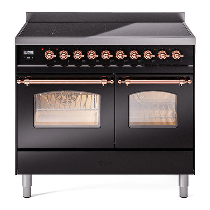 ILVE Nostalgie II 40-Inch Induction Range with 6 Induction Elements, 4.3 cu. ft. Oven, Glossy Black with Copper Trim, Triple Glass Door, UPDI406NMPBKP