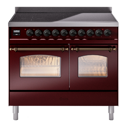 ILVE Nostalgie II 40-Inch Induction Range with 6 Induction Elements, 4.3 cu. ft. Oven, Burgundy with Burnished Trim, Triple Glass Door, UPDI406NMPBUB