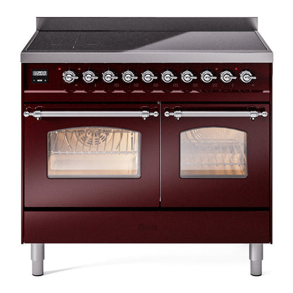 ILVE Nostalgie II 40-Inch Induction Range with 6 Induction Elements, 4.3 cu. ft. Oven, Burgundy with Chrome Trim, Triple Glass Door, UPDI406NMPBUC