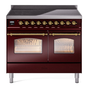 ILVE Nostalgie II 40-Inch Induction Range with 6 Induction Elements, 4.3 cu. ft. Oven, Burgundy with Brass Trim, Triple Glass Door, UPDI406NMPBUG