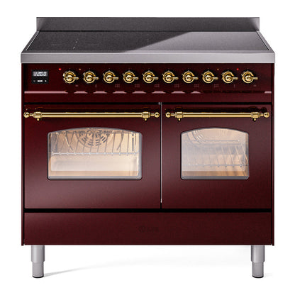 ILVE Nostalgie II 40-Inch Induction Range with 6 Induction Elements, 4.3 cu. ft. Oven, Burgundy with Brass Trim, Triple Glass Door, UPDI406NMPBUG