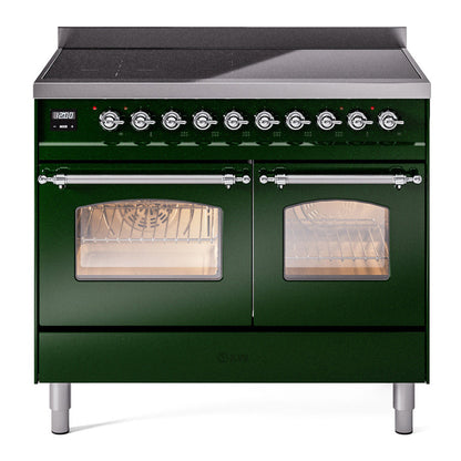 ILVE Nostalgie II 40-Inch Induction Range with 6 Induction Elements, 4.3 cu. ft. Oven, Emerald Green with Chrome Trim, Triple Glass Door, UPDI406NMPEGC