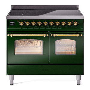 ILVE Nostalgie II 40-Inch Induction Range with 6 Induction Elements, 4.3 cu. ft. Oven, Emerald Green with Brass Trim, Triple Glass Door, UPDI406NMPEGG
