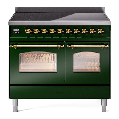 ILVE Nostalgie II 40-Inch Induction Range with 6 Induction Elements, 4.3 cu. ft. Oven, Emerald Green with Brass Trim, Triple Glass Door, UPDI406NMPEGG
