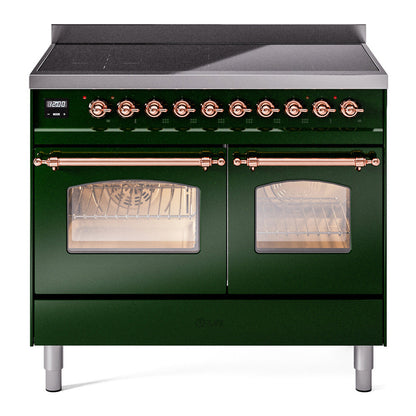 ILVE Nostalgie II 40-Inch Induction Range with 6 Induction Elements, 4.3 cu. ft. Oven, Emerald Green with Copper Trim, Triple Glass Door, UPDI406NMPEGP