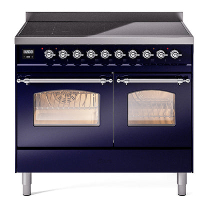 ILVE Nostalgie II 40-Inch Induction Range with 6 Induction Elements, 4.3 cu. ft. Oven, Midnight Blue with Chrome Trim, Triple Glass Door, UPDI406NMPMBC