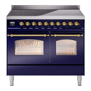 ILVE Nostalgie II 40-Inch Induction Range with 6 Induction Elements, 4.3 cu. ft. Oven, Midnight Blue with Brass Trim, Triple Glass Door, UPDI406NMPMBG